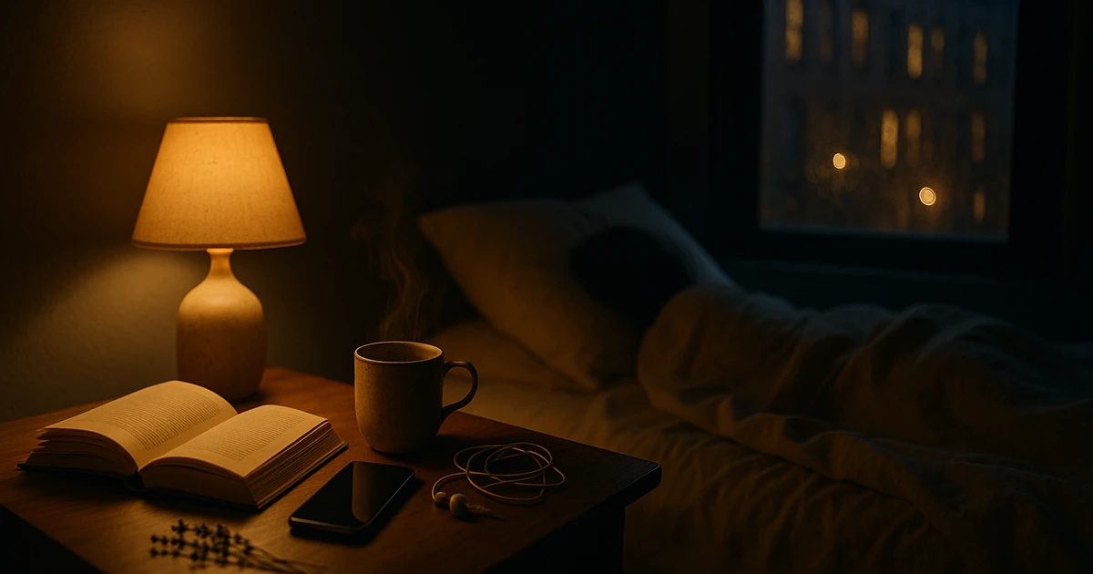 Cozy bedroom at night with warm lamp, open book, tea and smartphone — ideal setting for a bedtime story